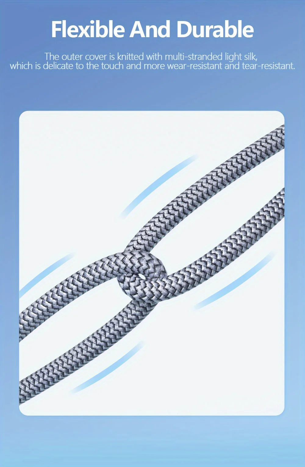 Gray braided rope on a blue background with text about flexibility and durability.