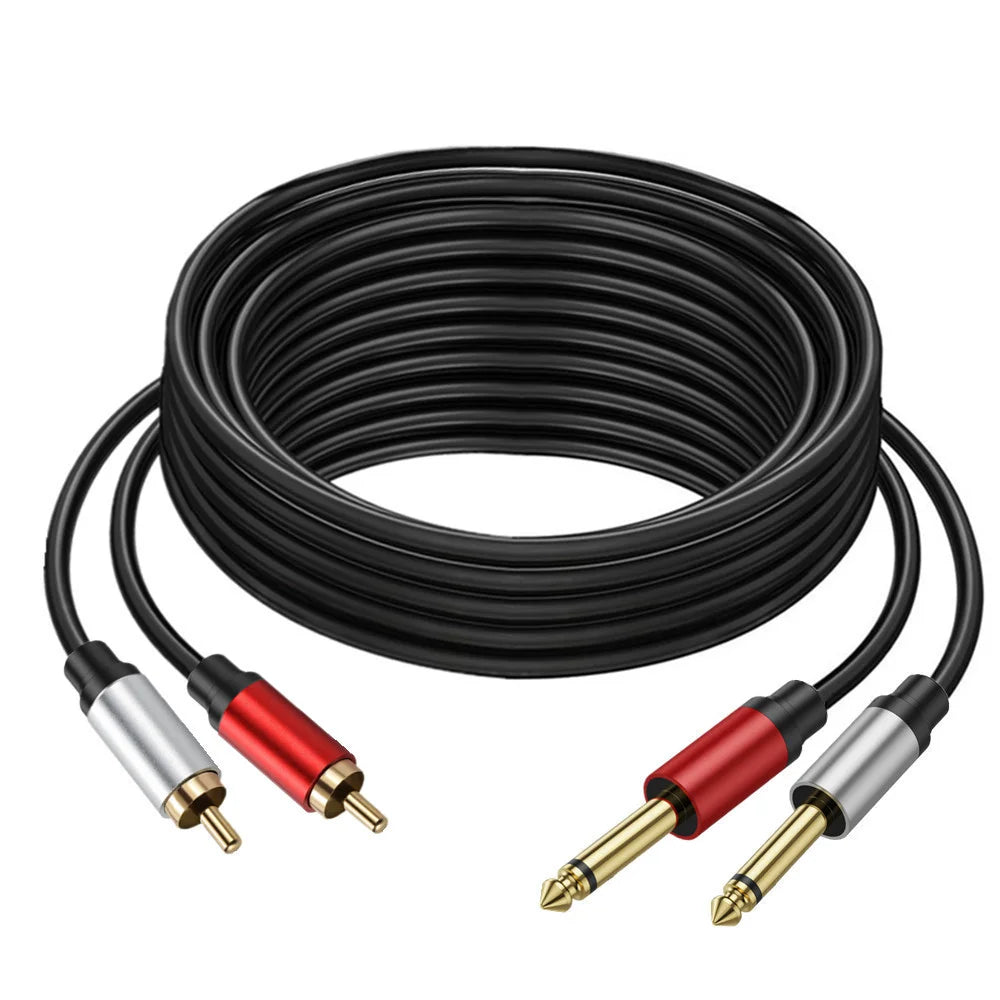 Coiled audio cable with red and gold connectors on a white background