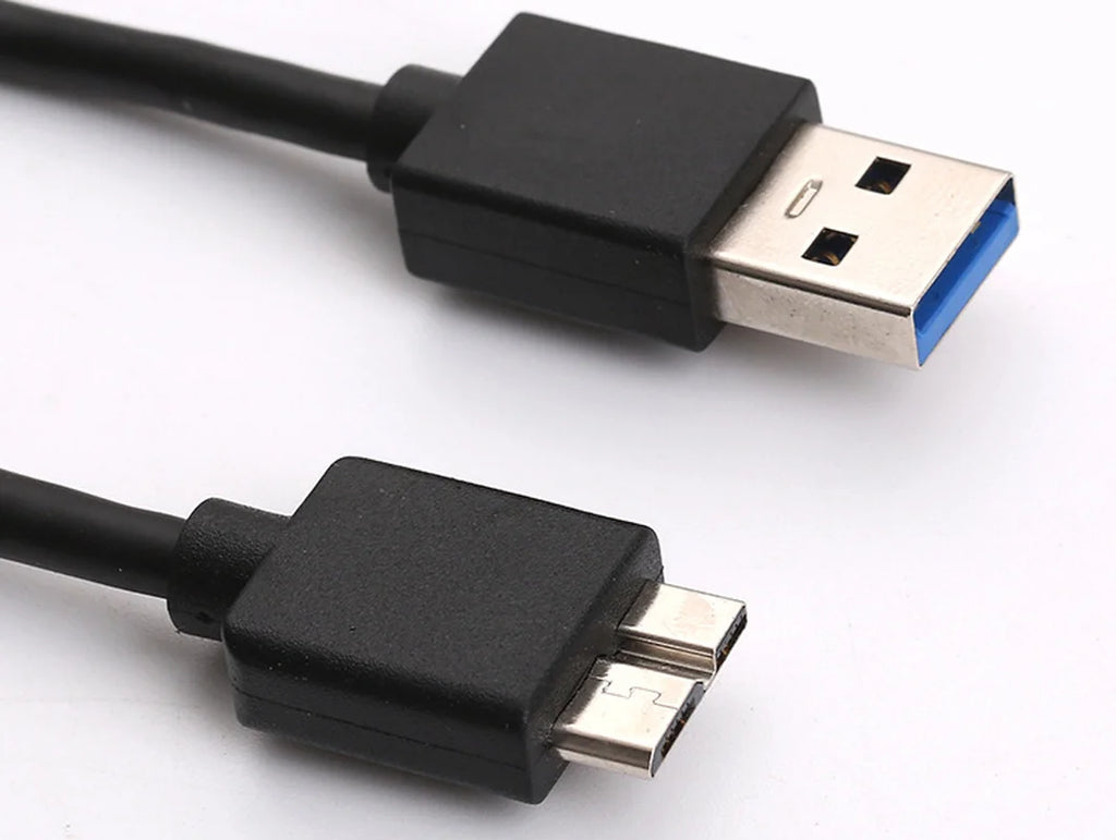 Close-up of USB 3.0 cable with Type-A and micro-B connectors on a white background