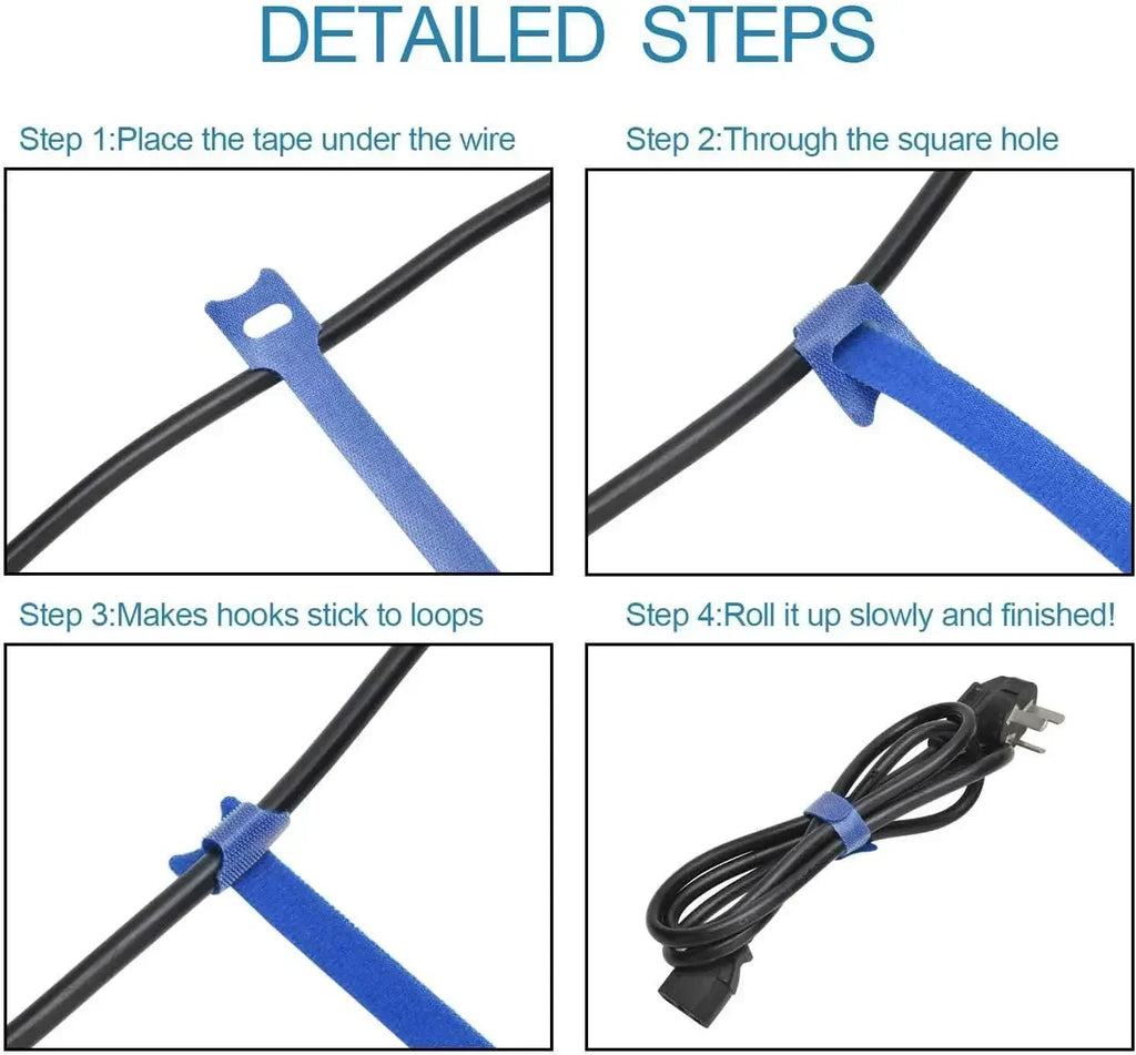 T-Type Self-Adhesive Hook & Loop Cable Ties — Reusable Nylon Velcro Straps (50 Pack)