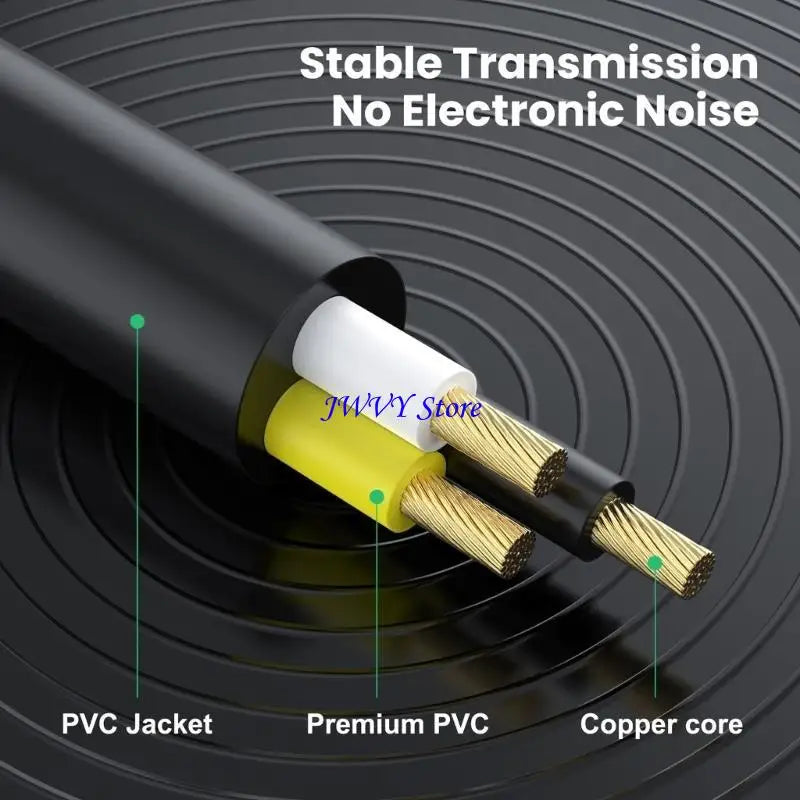 Cable with PVC jacket, premium PVC, and copper core on a black background