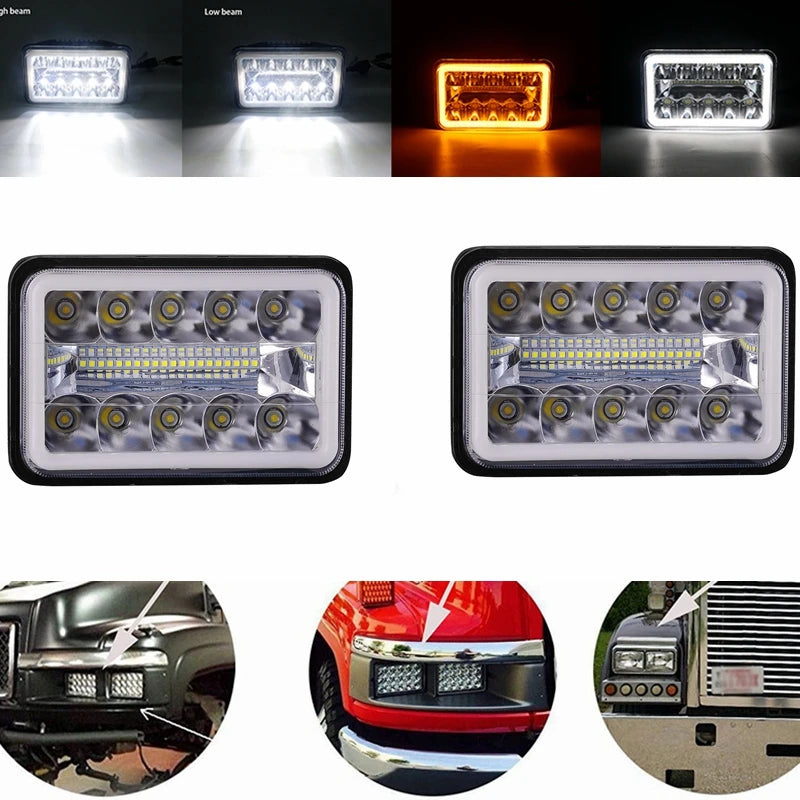 4x6 LED Headlight with White Halo DRL and Amber H4 Plug - 1 PC