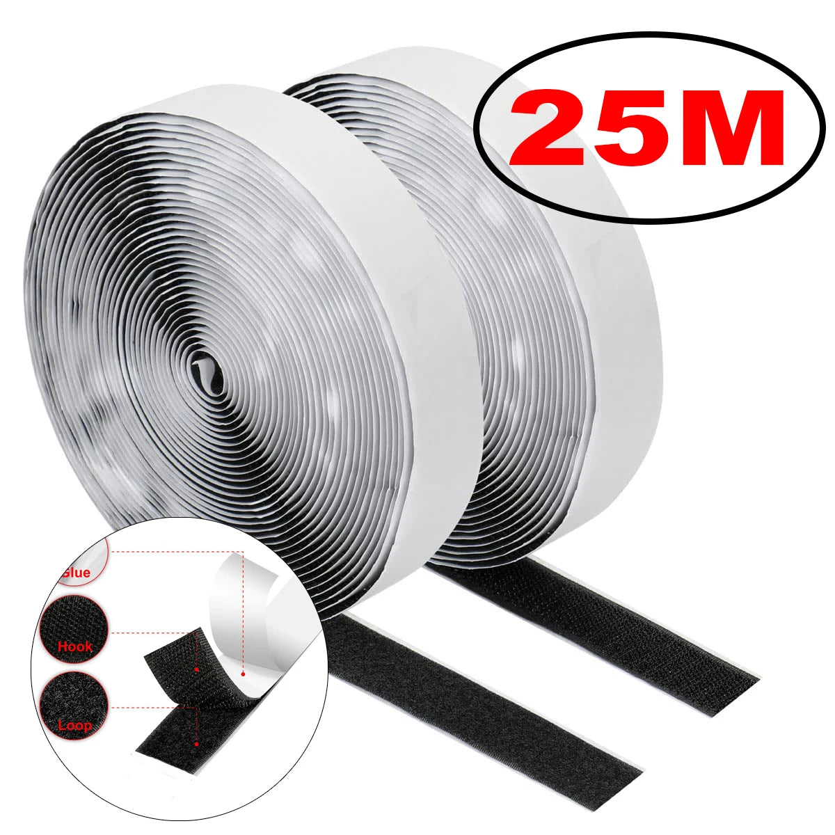 Self-Adhesive Hook & Loop Velcro Tape — Black & White, 20–50mm Width