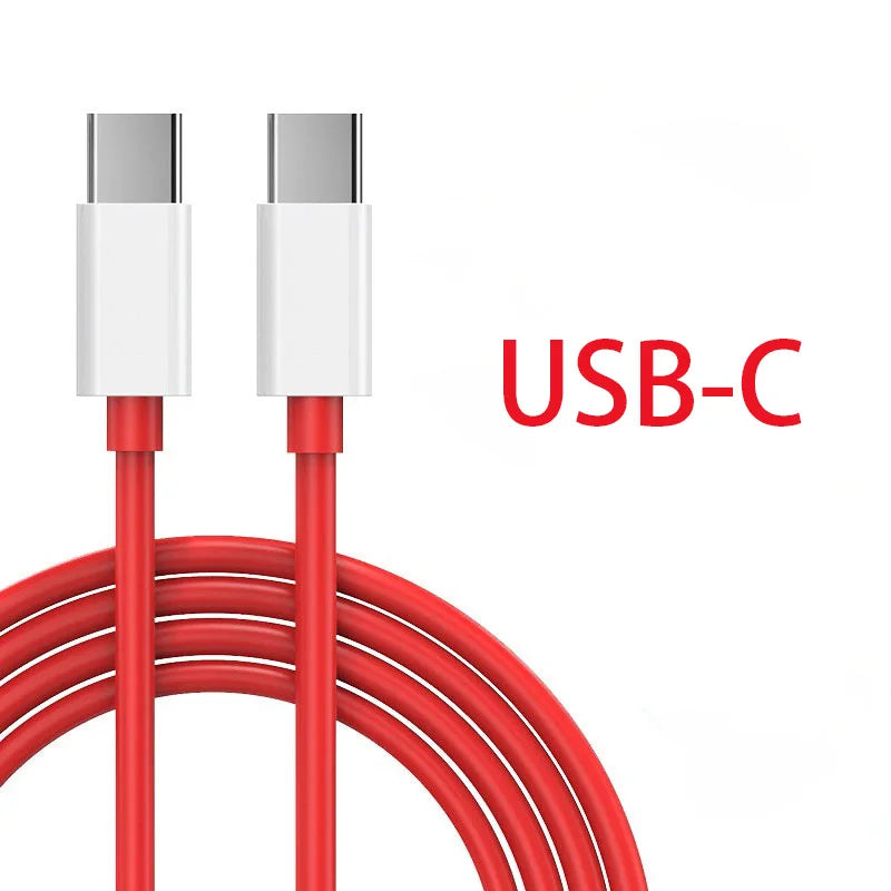 Red USB-C cable with white connectors on a white background