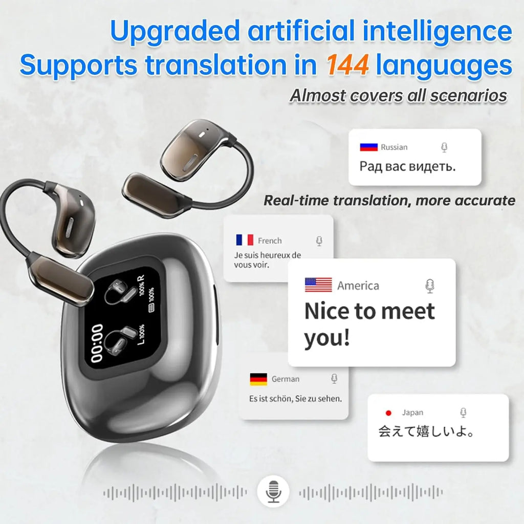UYUXIO AI Translation Earbuds — Real-Time 144 Languages, LCD Screen, Open-Ear ANC