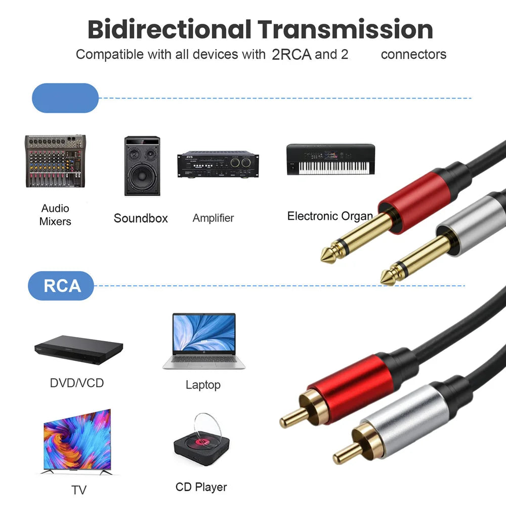 Diagram showing bidirectional transmission compatibility with various electronic devices using RCA connectors.