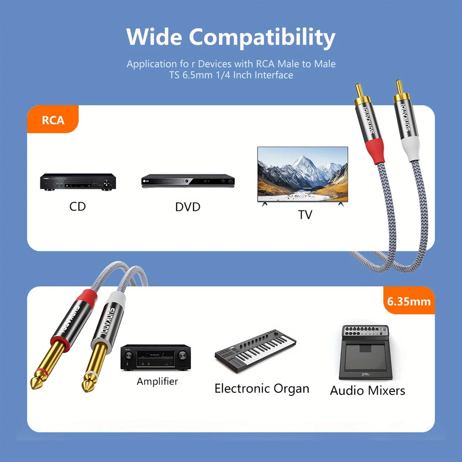 RCA and 6.35mm audio cable compatibility with electronic devices on a blue background