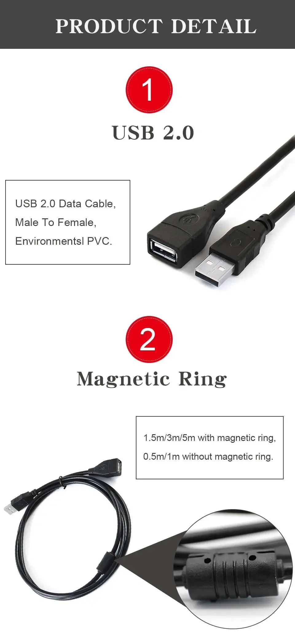 1/2Pcs USB 2.0 Cable Extension Cable 0.6m/1m/1.5m Wire Data Transmission Line Superhighspeed Data Extension Cable For Projector