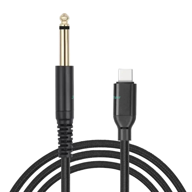 Black audio cable with one plug on each end on a white background