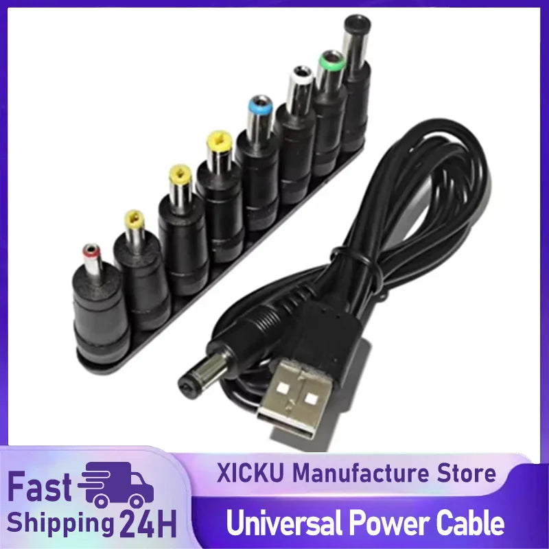 USB to DC Power Cable — 8 Interchangeable Tips for CCTV, Routers & More