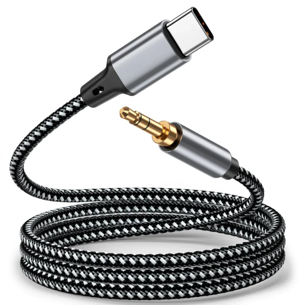 Black braided audio cable with USB-C and 3.5mm jack on a white background