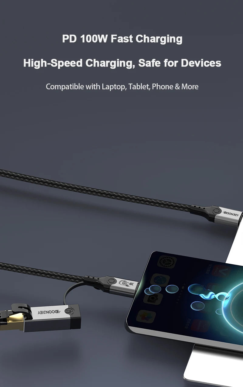 USB C to Gigabit Ethernet Cable 3 in 1 4K@60Hz Video Output 100W PD Fast Charging USB 3.2 20Gbps Transmission for Laptop Phone
