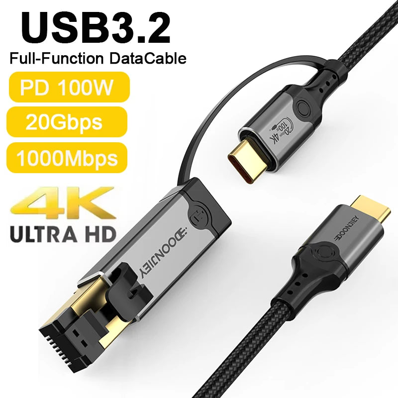 USB C to Gigabit Ethernet Cable 3 in 1 4K@60Hz Video Output 100W PD Fast Charging USB 3.2 20Gbps Transmission for Laptop Phone