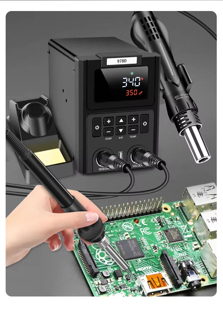 2-in-1 Hot Air Heat Gun and Soldering Iron - SMD Rework Station Dual LED Display