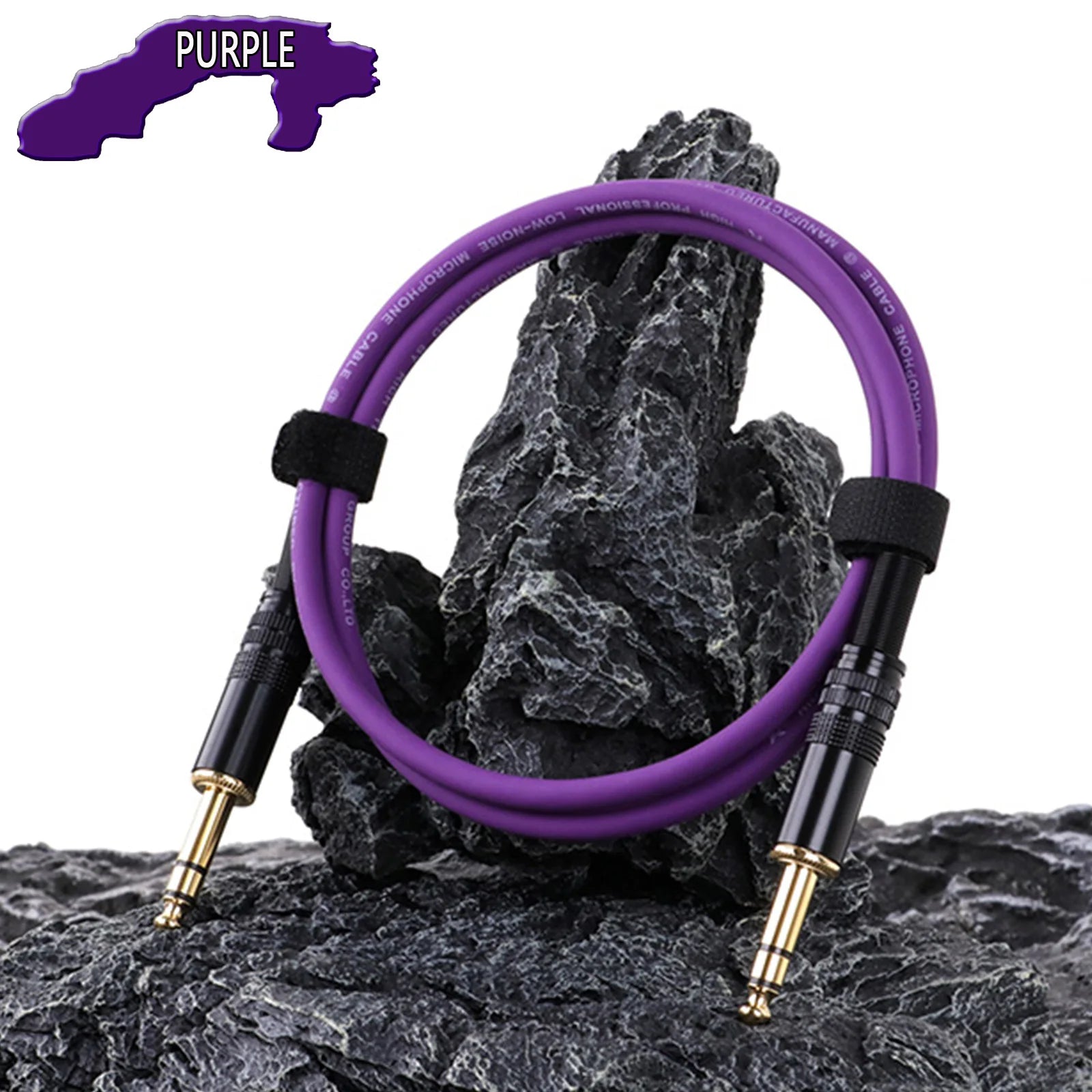 Purple guitar cable coiled on a rock with 'Purple' text above