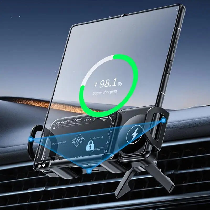 Phone in a car mount with charging interface display on a car dashboard