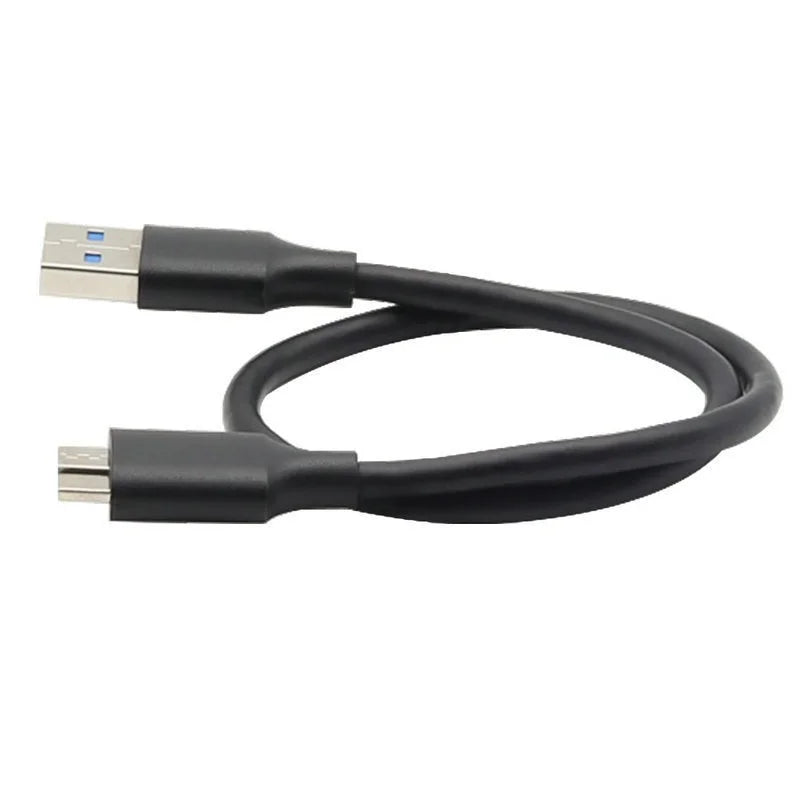 Black USB cable with metallic connectors on a white background