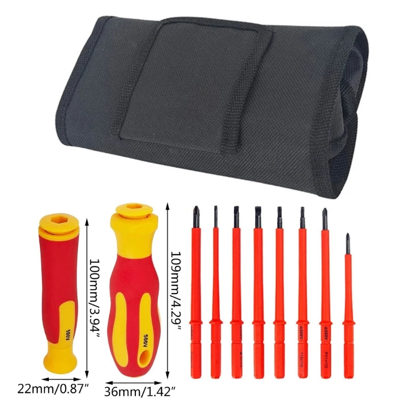 Insulated Electrician Screwdriver Set - 8-Tip with Roll Bag