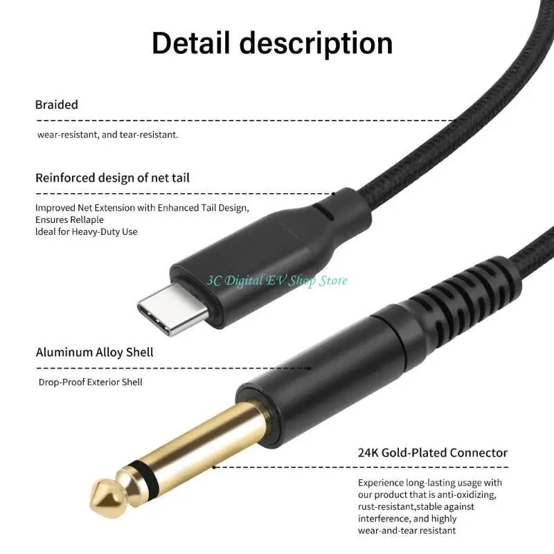 Black audio cable with gold connector and technical details on a white background