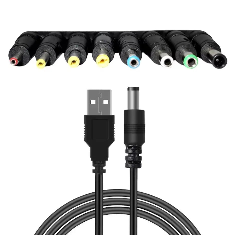 USB to DC Power Cable — 8 Interchangeable Tips for CCTV, Routers & More