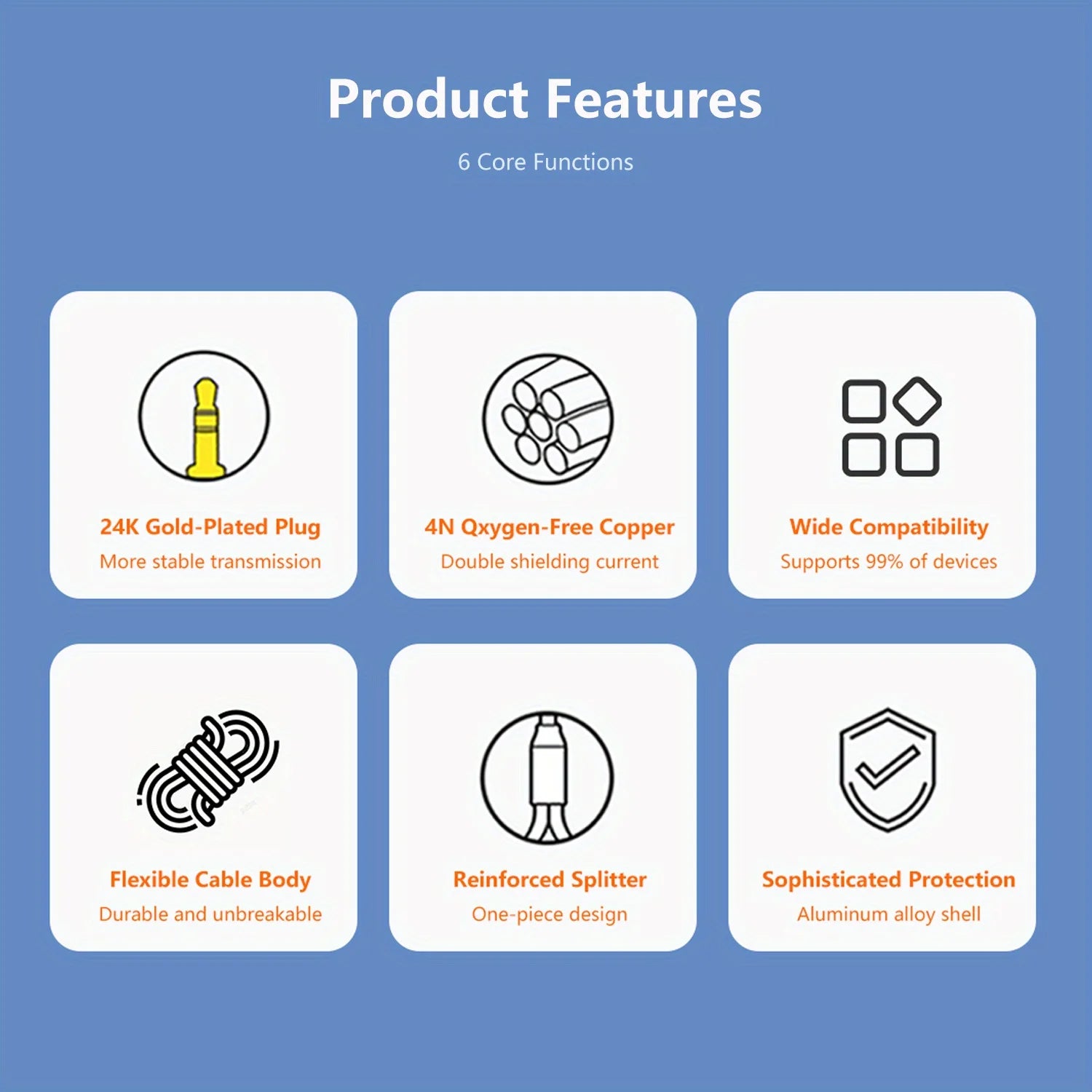 Product features with icons and text on a blue background