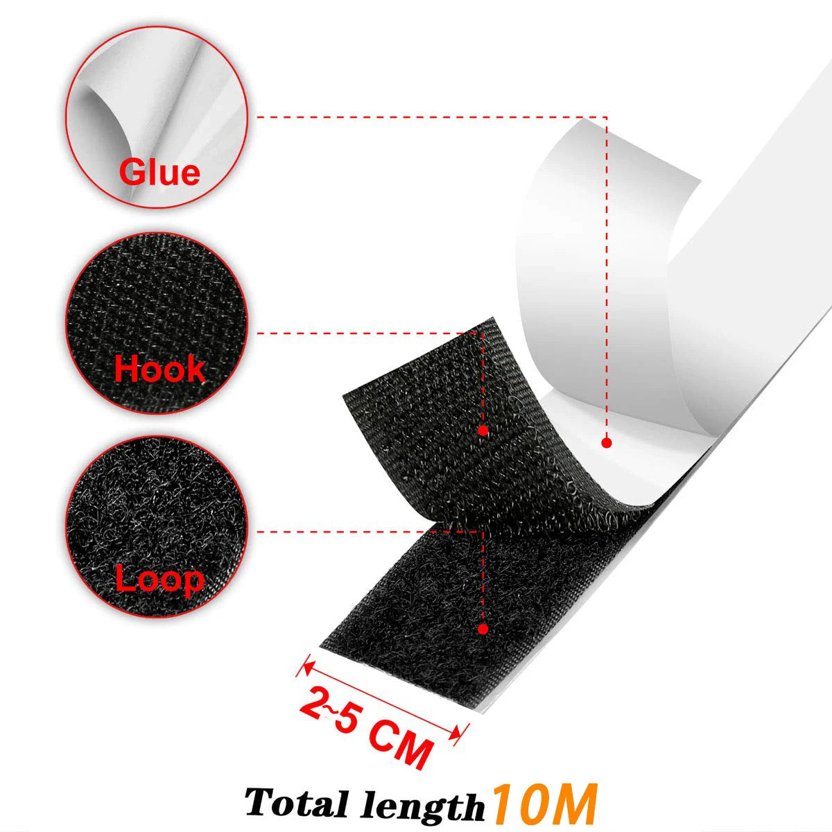 Self-Adhesive Hook & Loop Velcro Tape — Black & White, 20–50mm Width