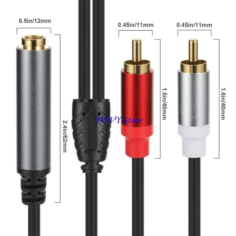 Audio cable with different connector sizes and colors on a white background