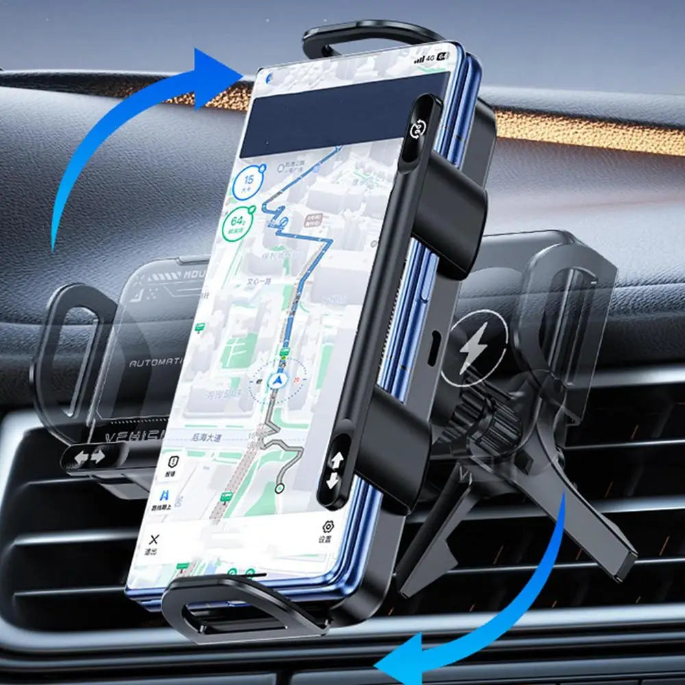Phone mount in a car dashboard with phone displaying navigation app