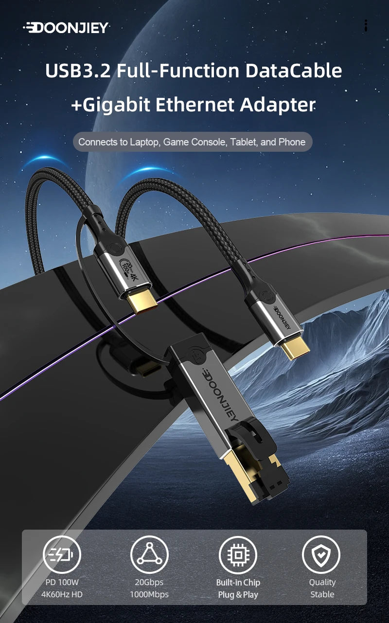 USB C to Gigabit Ethernet Cable 3 in 1 4K@60Hz Video Output 100W PD Fast Charging USB 3.2 20Gbps Transmission for Laptop Phone