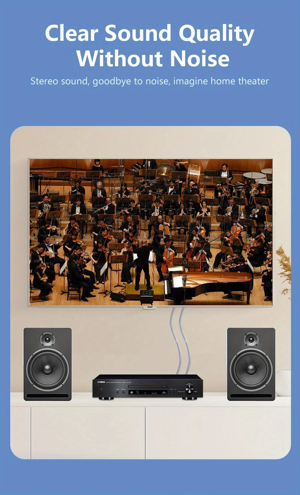 Home theater setup with speakers and a screen displaying an orchestra, emphasizing clear sound quality without noise.