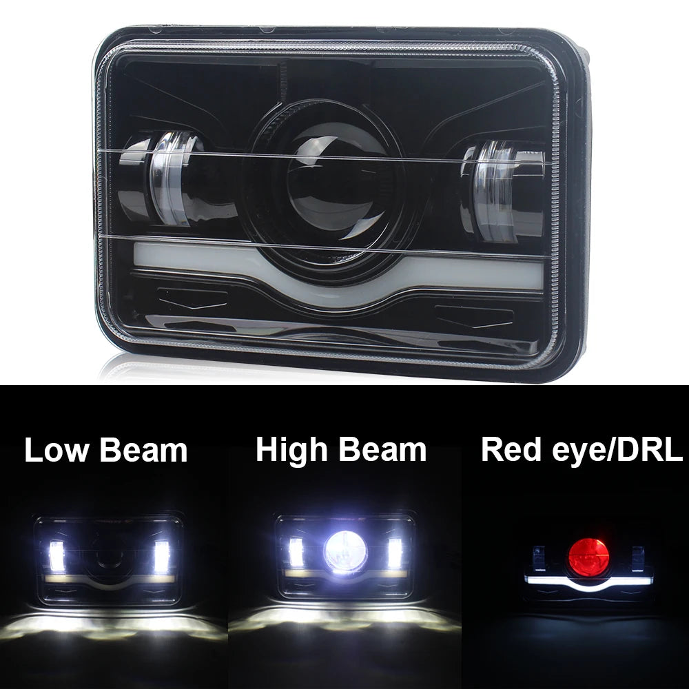 4x6 LED Headlight with White Halo DRL and Amber H4 Plug - 1 PC
