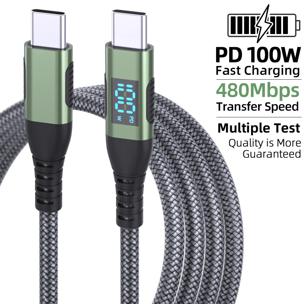 100W USB-C to USB-C Cable – PD 5A Fast Charging, LED Display, Nylon Braided for iPhone 16/15, MacBook & iPad