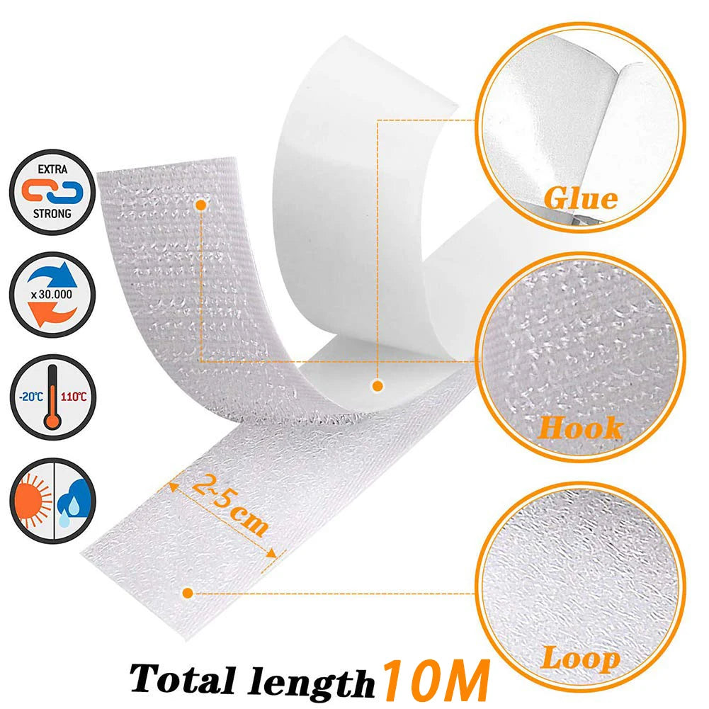 Self-Adhesive Hook & Loop Velcro Tape — Black & White, 20–50mm Width