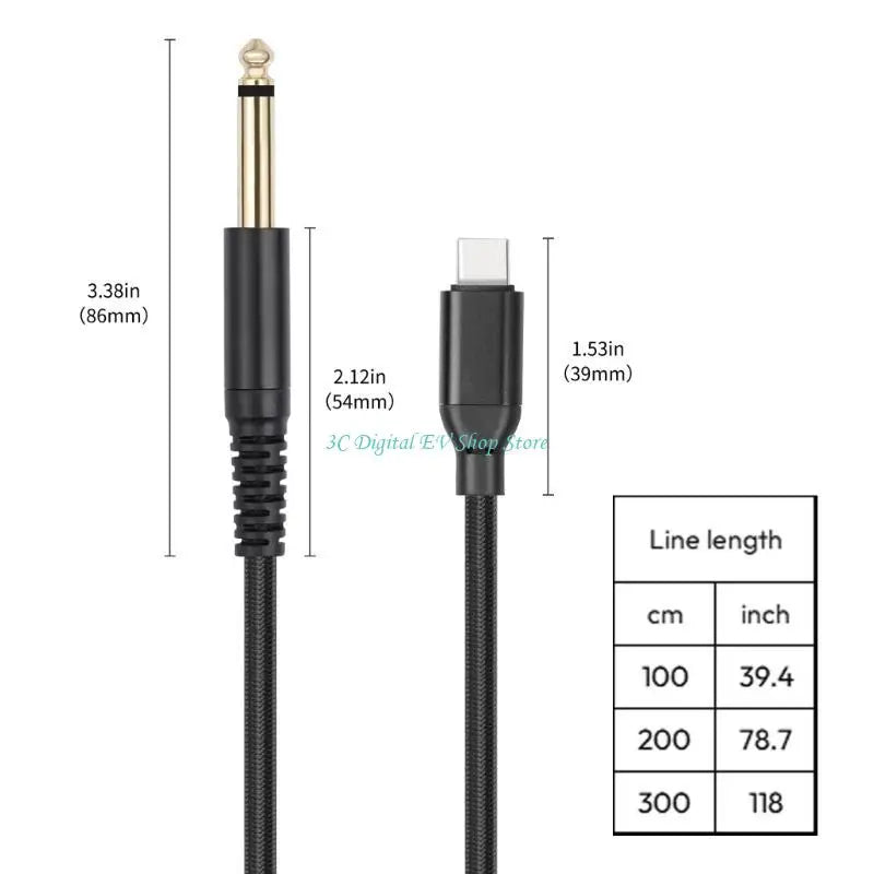 Black audio cable with measurements on a white background