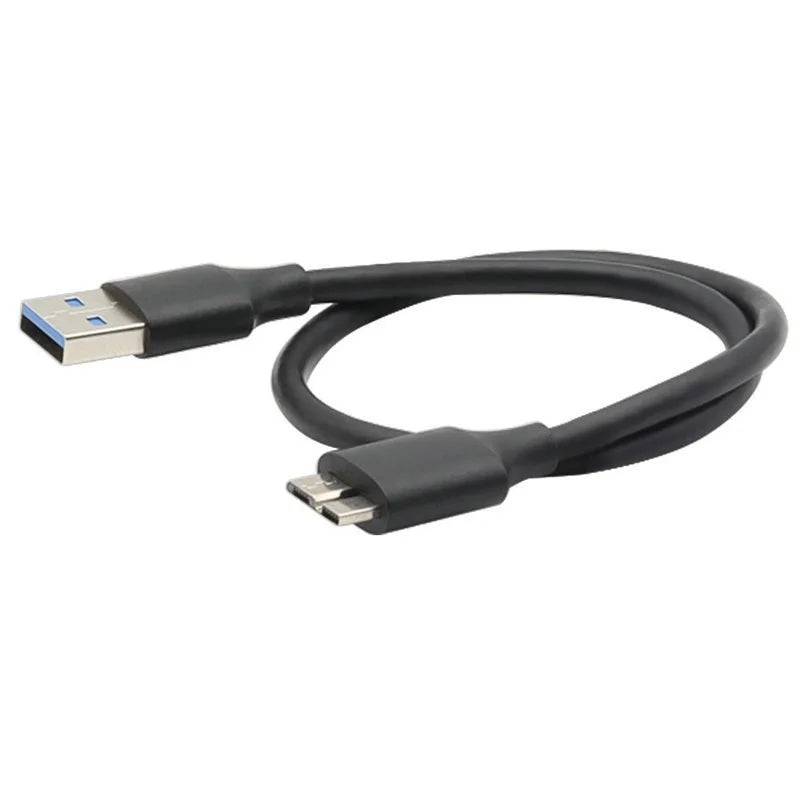 Black USB cable with connectors on a white background