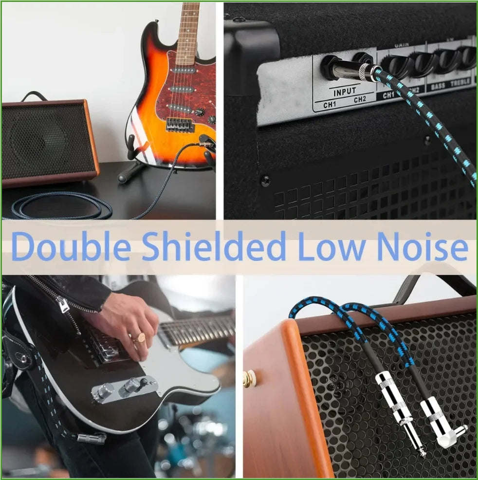 Collage of guitar equipment with text 'Double Shielded Low Noise' on a white background.