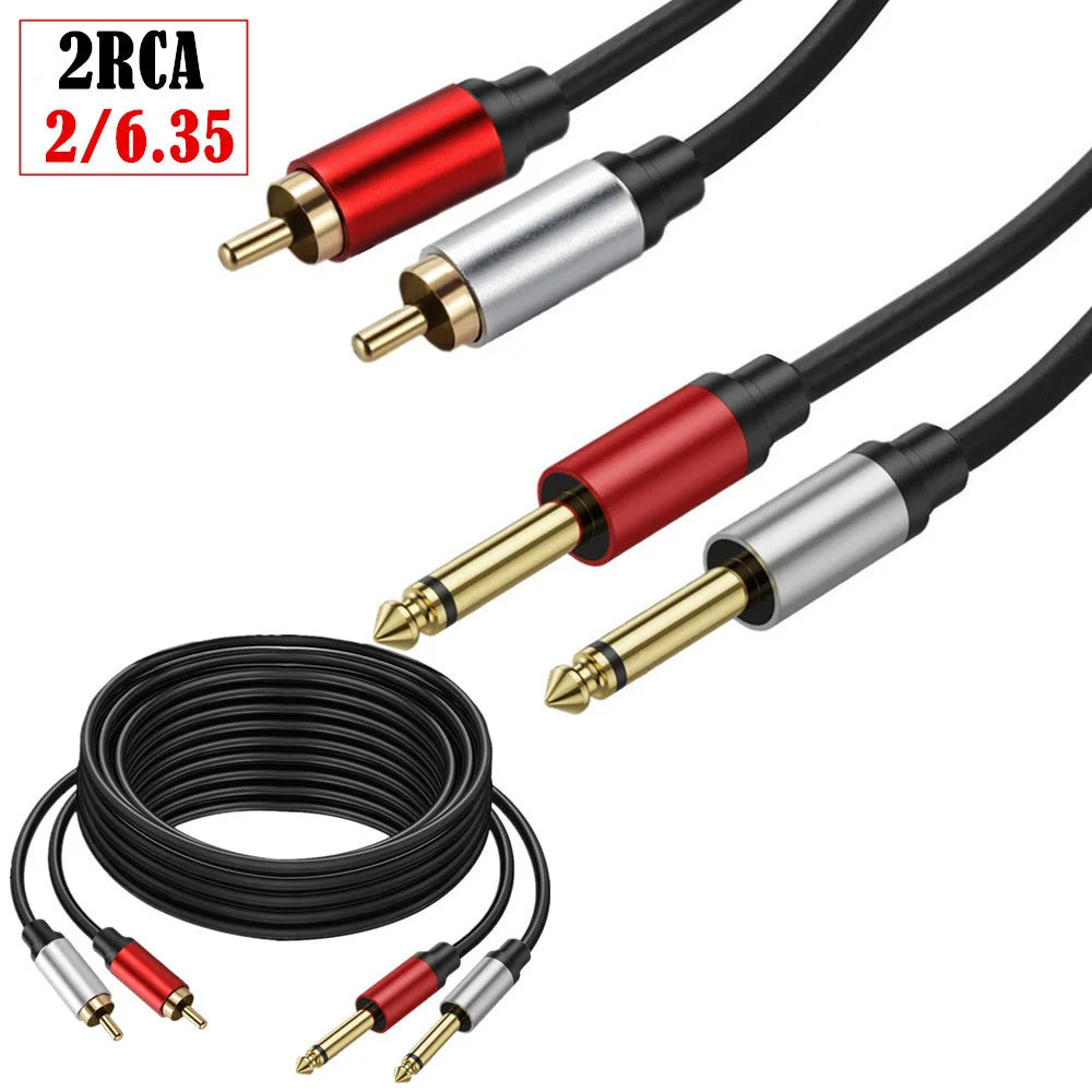 Two audio cables with different connector types on a white background