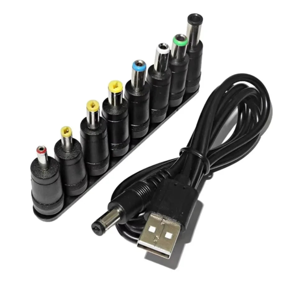 USB to DC Power Cable — 8 Interchangeable Tips for CCTV, Routers & More