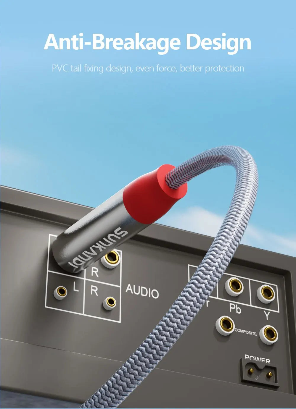 Security cable with red lock on audio equipment against a blue sky background