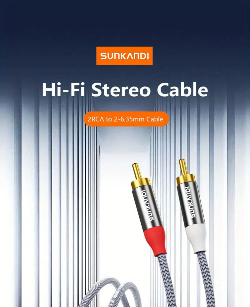 Sunkandi Hi-Fi stereo cable with RCA connectors on a blue background