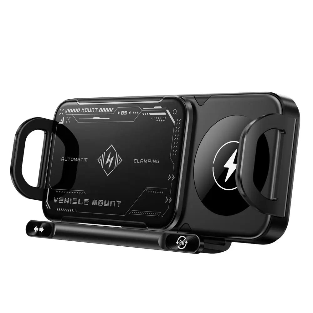 Black vehicle phone mount with digital display on a white background
