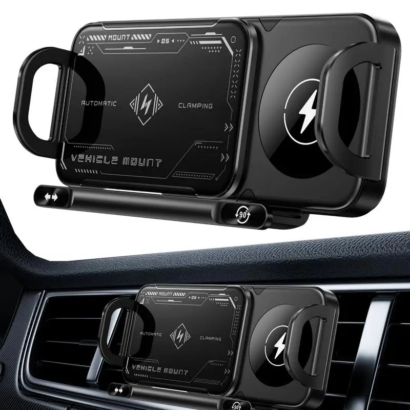 Black car phone holder with digital display on a car dashboard