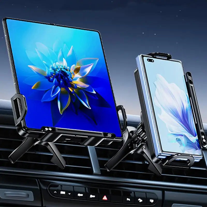 Two smartphone holders on a car dashboard with screens displaying floral images.