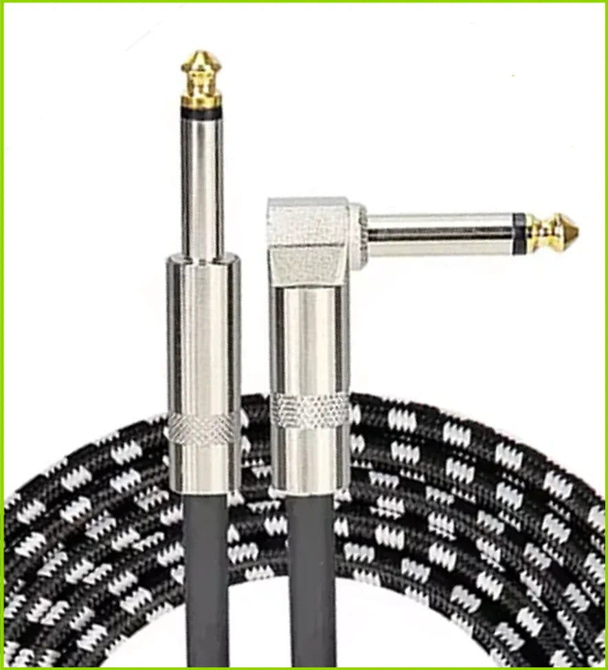 Black and silver audio cable with angled connector on a white background