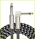 Black and silver audio cable with angled connector on a white background