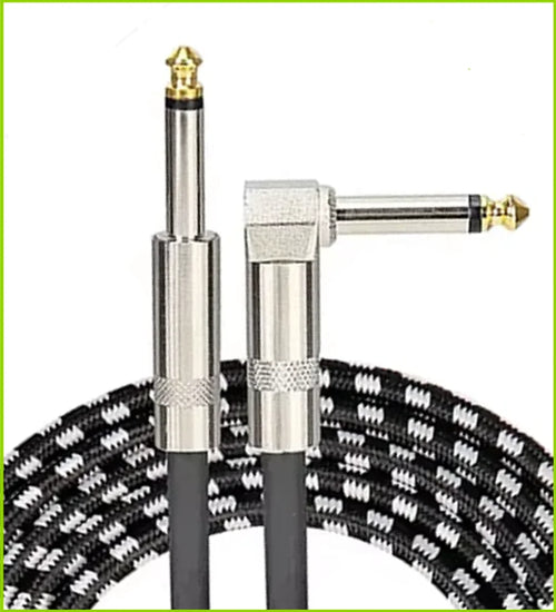 Black and silver audio cable with angled connector on a white background