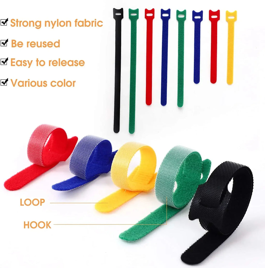 T-Type Self-Adhesive Hook & Loop Cable Ties — Reusable Nylon Velcro Straps (50 Pack)
