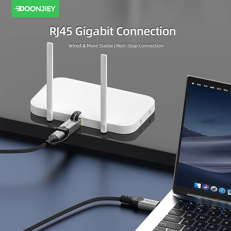USB-C to Gigabit Ethernet Adapter — 3-in-1 with 4K@60Hz & 100W PD