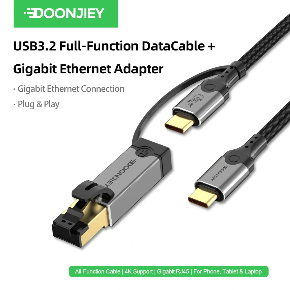 USB-C to Gigabit Ethernet Adapter — 3-in-1 with 4K@60Hz & 100W PD