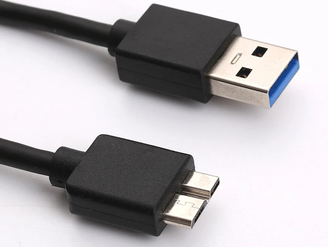 Close-up of USB 3.0 cable with Type-A and micro-B connectors on a white background